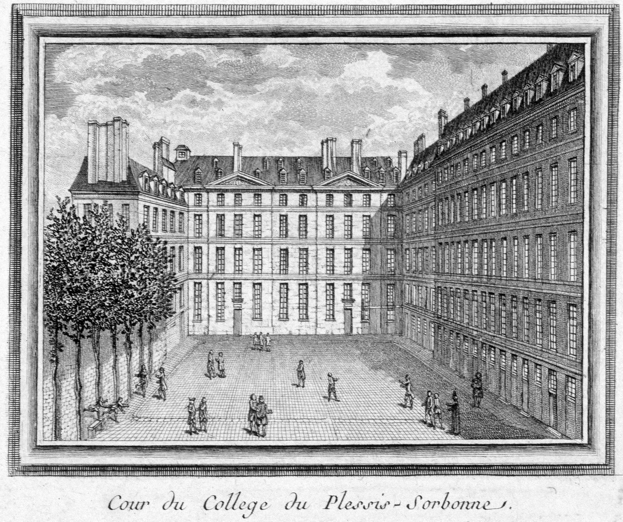 Utsikt over domstolen til college of Plessis Sorbonne (Paris), grunnlagt i 1323 av Geoffroy du Plessis Balisson, brukt i 1848 og 1849 av ENA. Gravering bevart på Musee Carnavalet. av Unknown artist