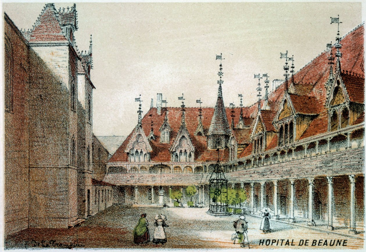 Utsikt over gårdsplassen til Hospices de Beaune av Unknown artist