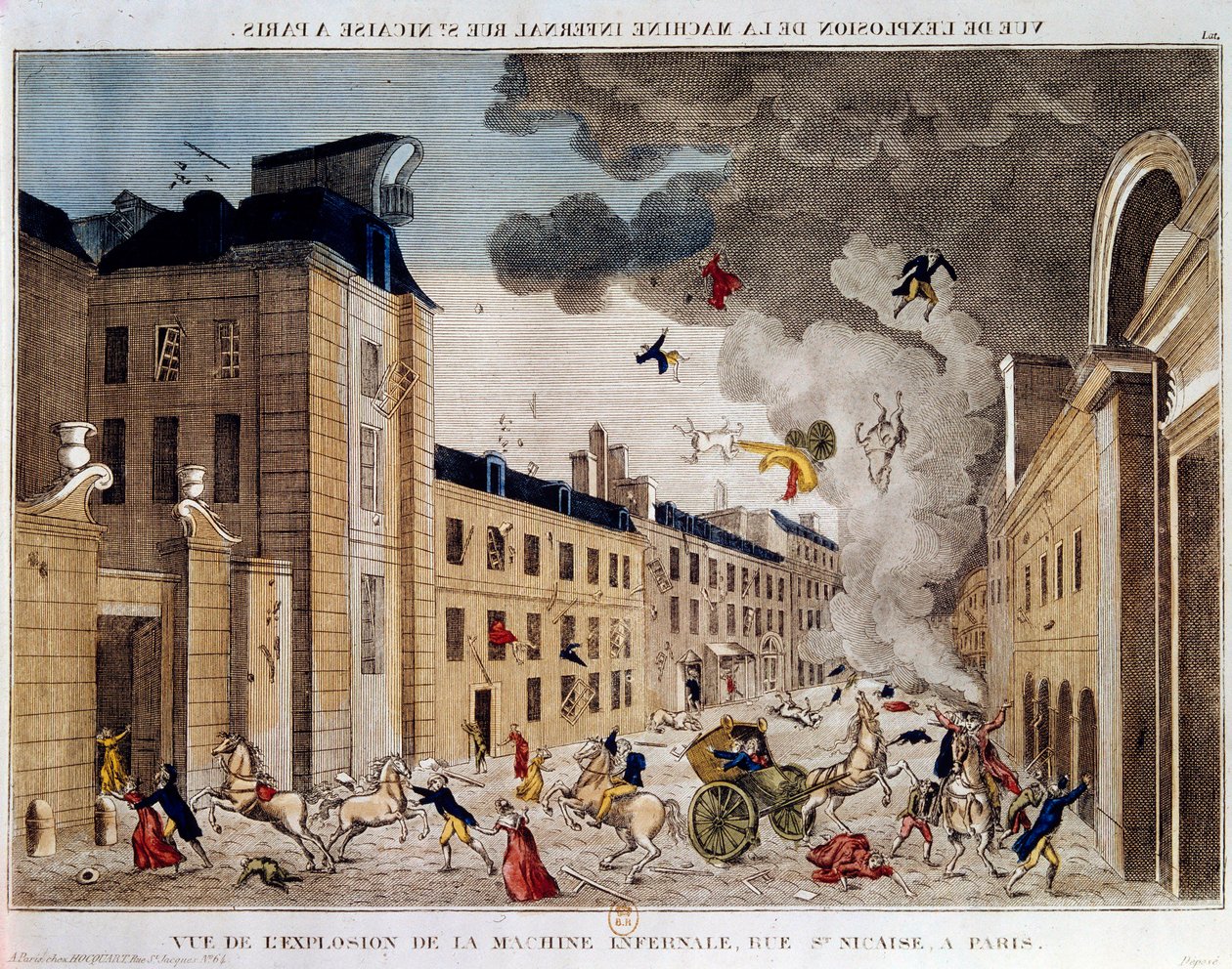 Utsikt over eksplosjonen av den infernalske maskinen i rue Saint Nicaise i Paris på 3. nivose an IX. Konspirasjonen til den infernalske maskinen er en konspirasjon for å drepe Napoleon Bonaparte, den nye førstekonsulen etter statskuppet 18. Brumaire. En in av Unknown artist