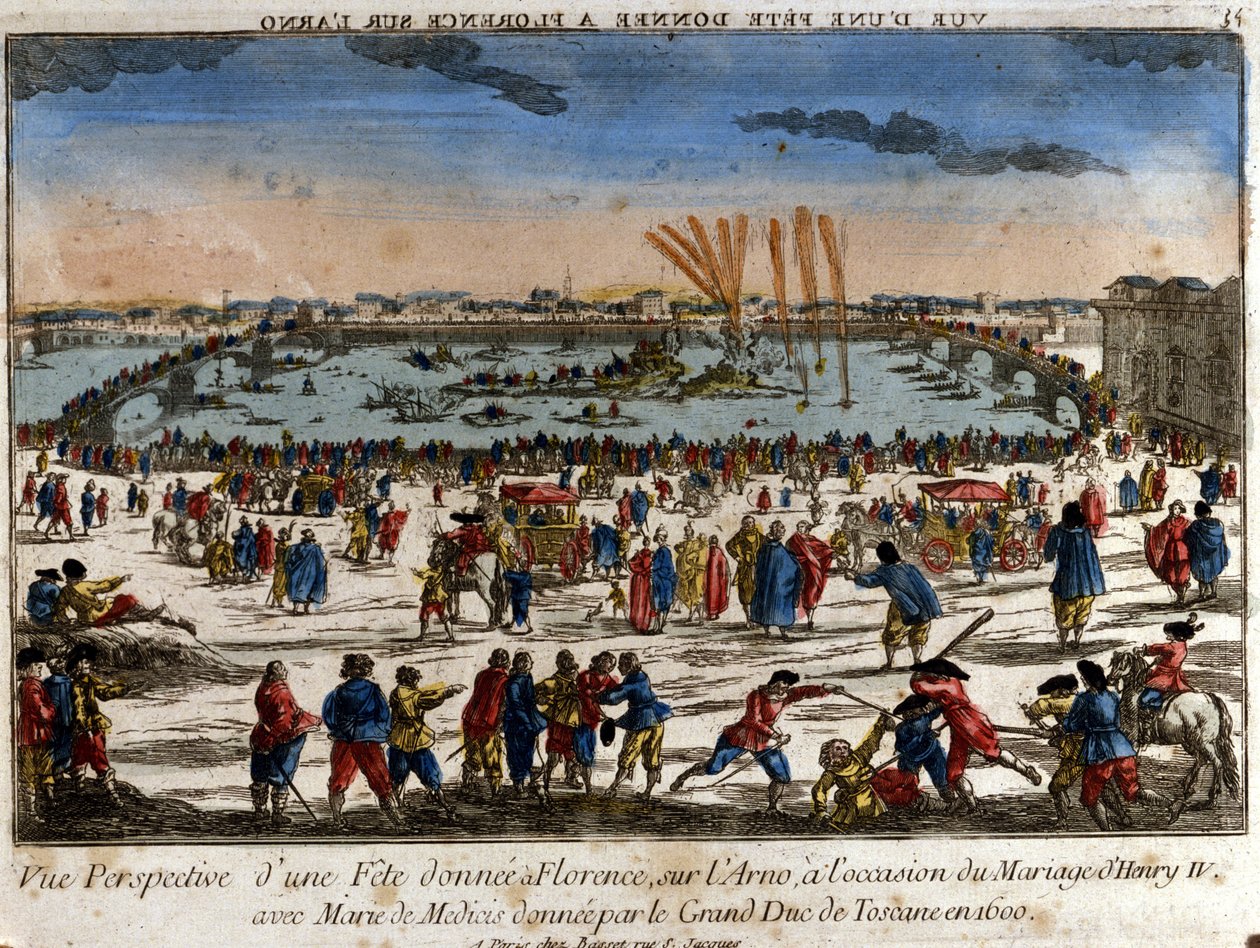 Utsikt over festen gitt i Firenze ved bredden av elven Arno av storhertugen av Toscana i anledning bryllupet til Henrik IV med Maria av Medici i 1600. Gravering. av Unknown artist