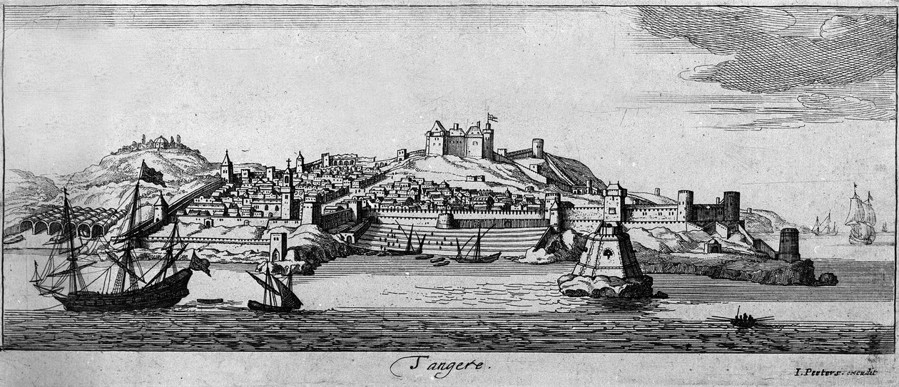 Utsikt over den befestede byen Tanger og kysten, Marokko. 1700-talls gravering. av Unknown artist