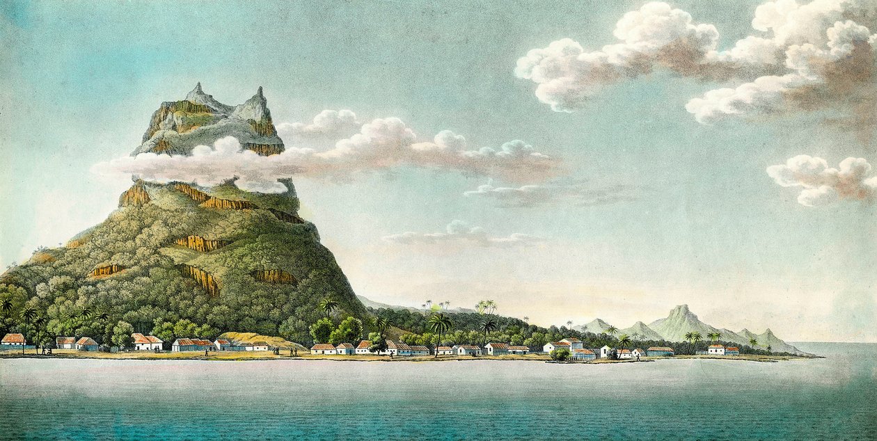 Utsikt over øya Bora Bora i det nåværende Fransk Polynesia. Gravering fra 1700-tallet. Privat samling av Unknown artist