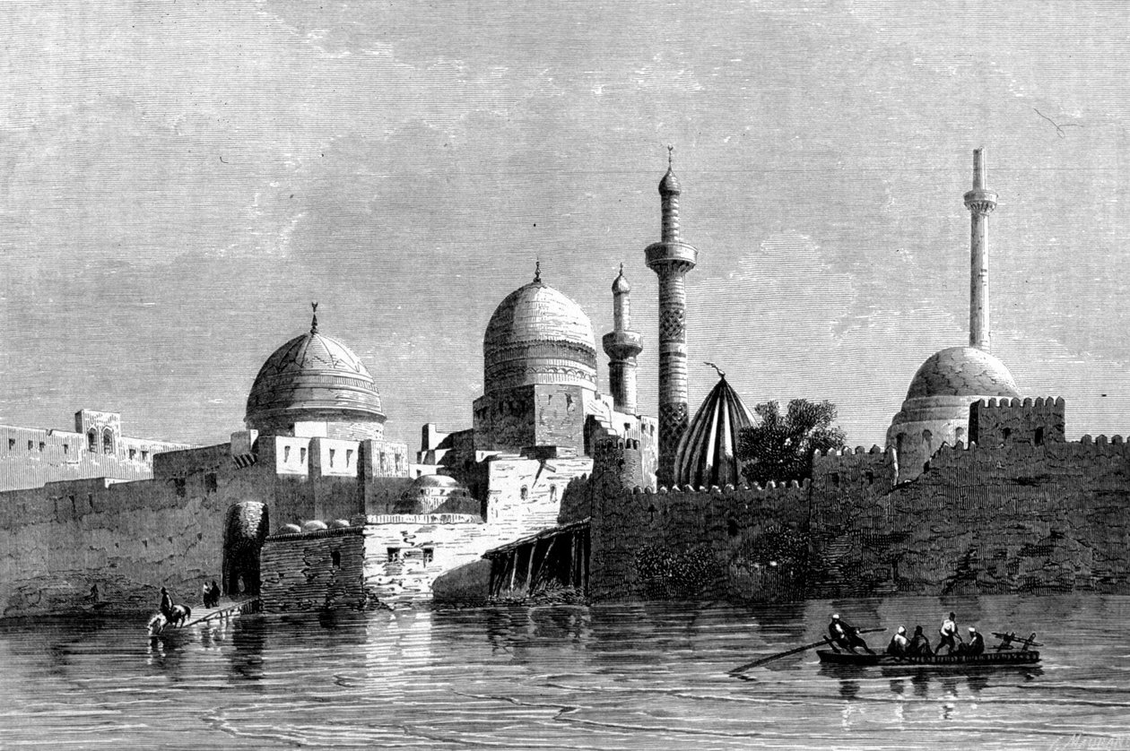 Utsikt over moskeen i Mosul (Nineve) i Irak. 1800-talls gravering. av Unknown artist
