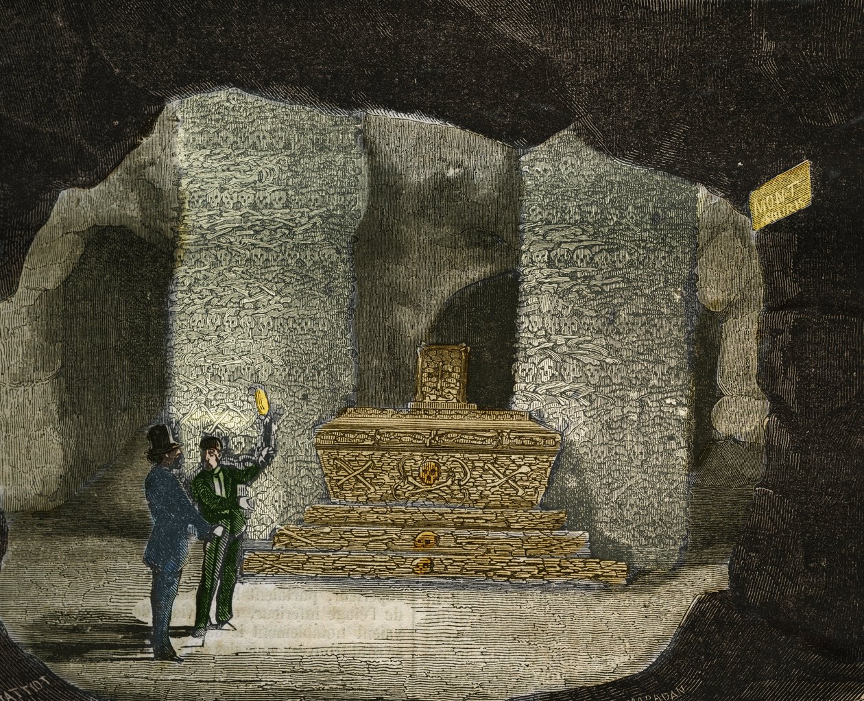 Utsikt over ossuary av katakombene i Montsouris i Paris. Gravering fra 1856 i "" Le Musee Des Sciences"" av Unknown artist
