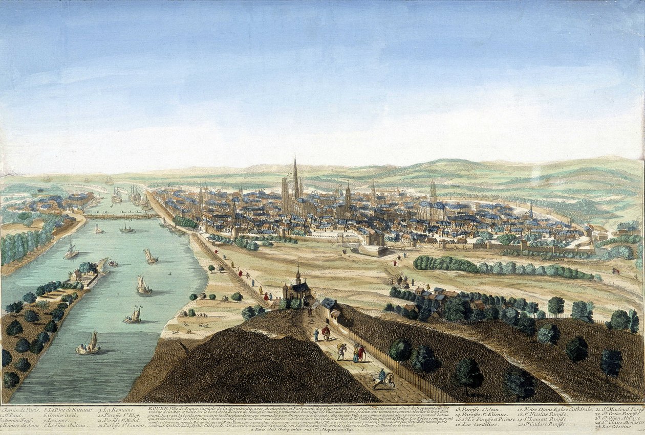 Utsikt over havnen og byen Rouen; Gravering fra 1700-tallet. av Unknown artist