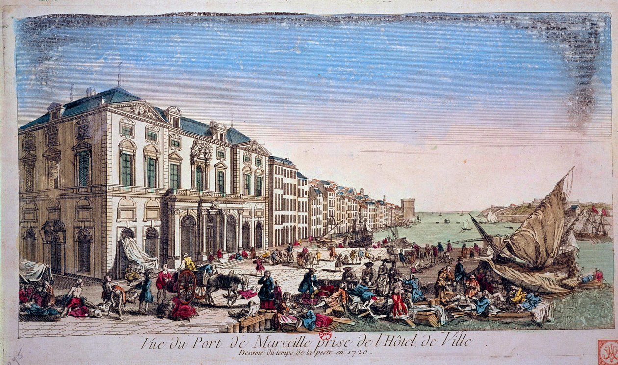 Utsikt over havnen i Marseille fra rådhuset på tidspunktet for pestepidemien i 1720 Gravering av 1720 Paris, B.N. av Unknown artist