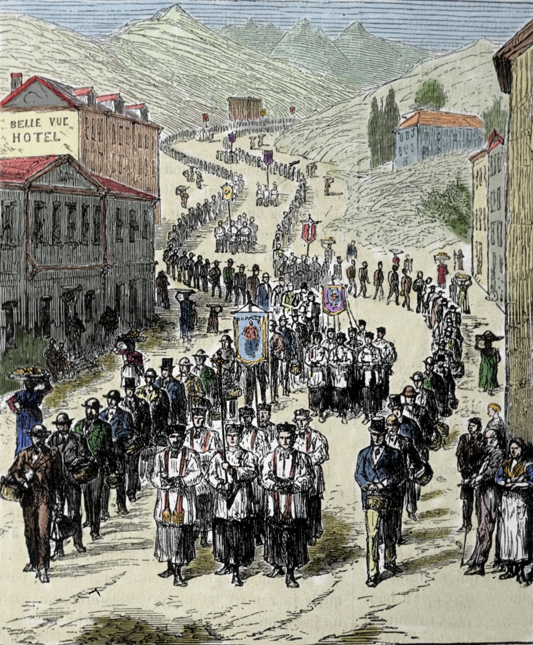 Utsikt over prosesjonen fra stasjonen til Lourdes-hulen i de høye Pyreneene hvor Jomfruen viste seg for Bernadette Soubirous (1844-1879) i 1858, nåværende pilegrimssted. Gravering av 1800-tallet av Unknown artist