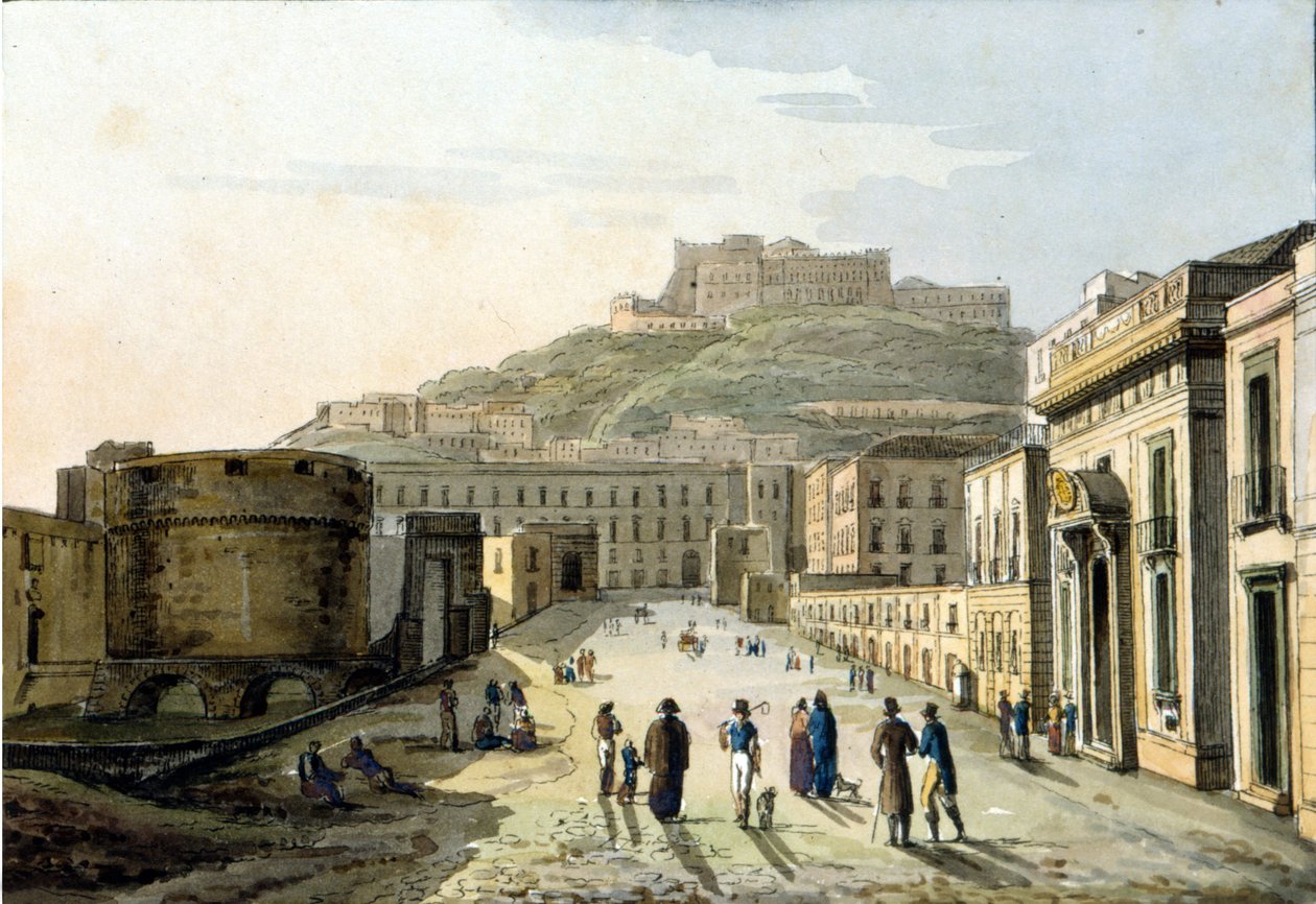 Utsikt over strada del molo og Castel Sant'Elmo med utsikt over byen Napoli. Akvarell av Unknown artist