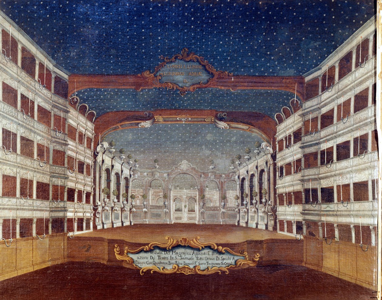 Utsikt over teateret San Samuele (Samuel) i Venezia ødelagt av brann i 1747. Tegning av 1700-tallet. av Unknown artist