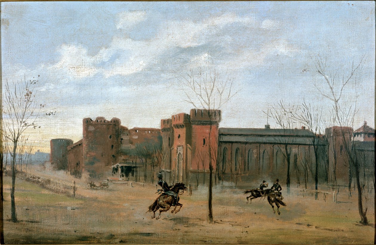 Utsikt over Sforza-slottet med kavalerietrening (maling av Unknown artist