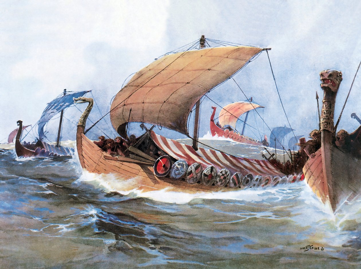 Vikingbåt på gjennomreise mot Normandie, akvarell av Unknown artist
