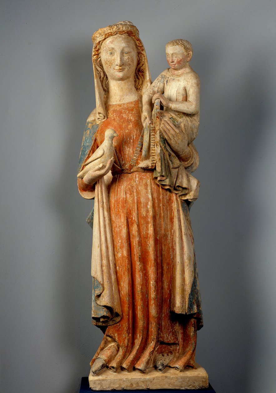 Jomfru og barn Jomfruen holder en due i hånden. Polykrom steinskulptur. 1400-tallet. Montaigu les Bois kirke. av Unknown artist