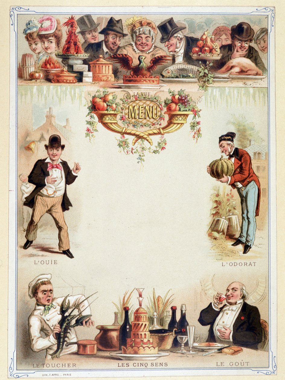 Jomfrumeny, illustrerer de fem sansene - kromolitografi, sent på 1800-tallet av Unknown artist