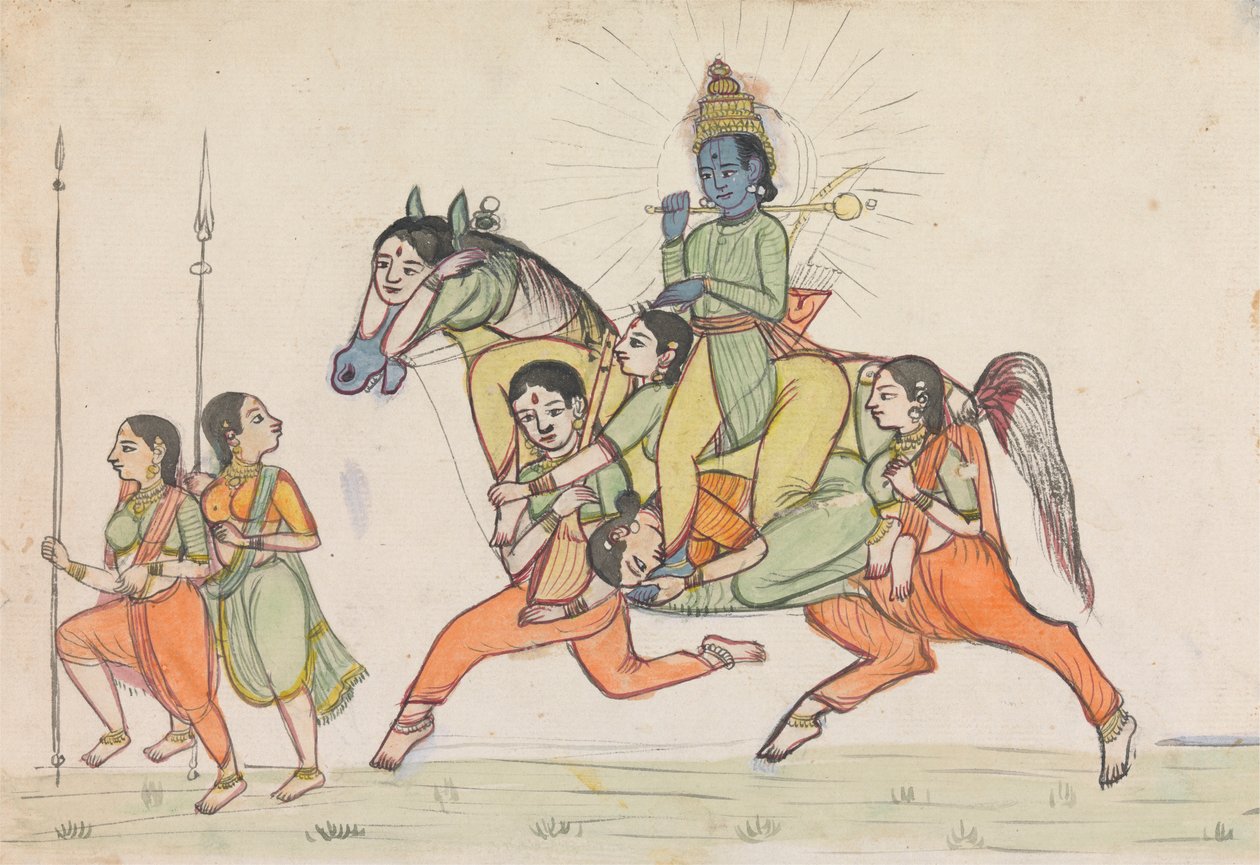 Vishnu som rir på en hest sammensatt av kvinnelige ledsagere av Unknown artist