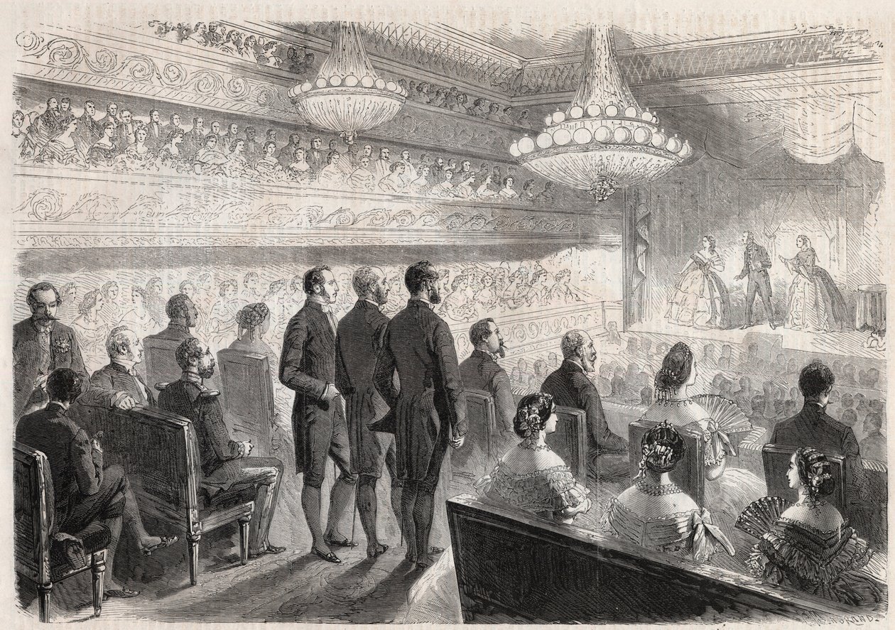 Besøk av Vilhelm I av Preussen (1797-1888) til Compiegne: gallashow på palassteateret i nærvær av Napoleon III (1808-1873) - Gravering i "" The Illustrous World"" av Unknown artist