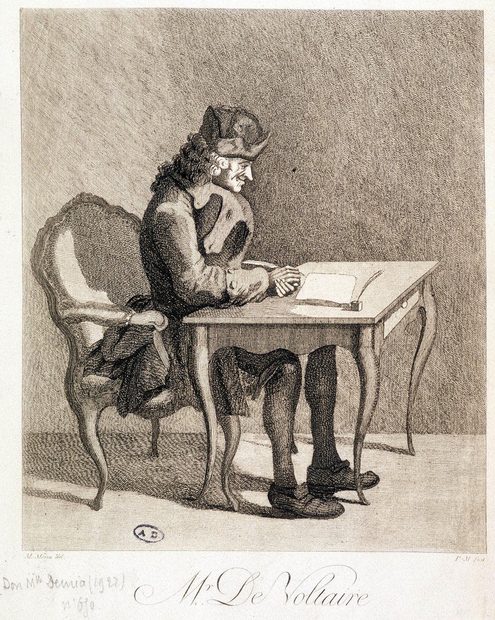 Voltaire ved arbeidsbordet sitt - gravering av Unknown artist