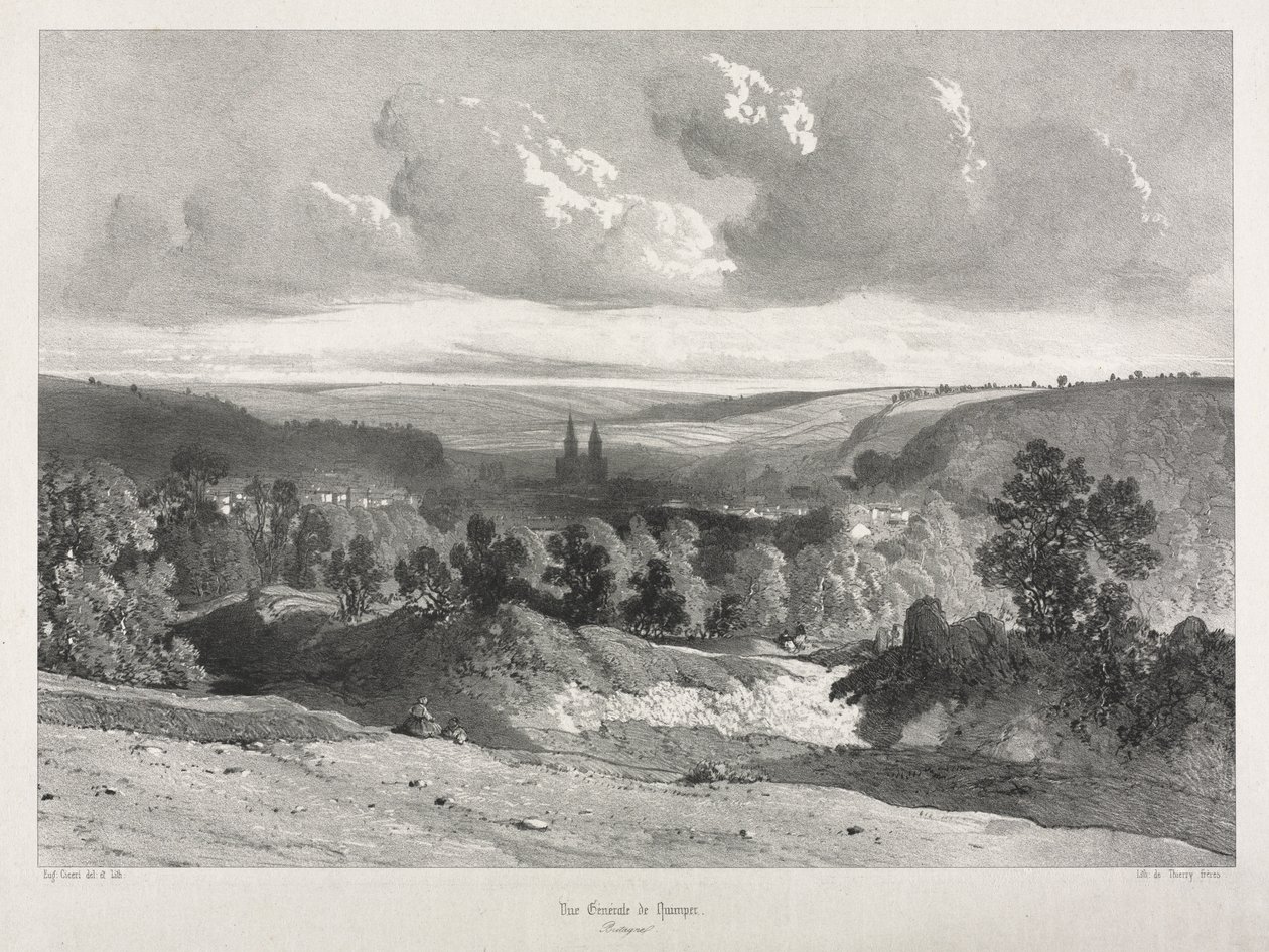 Pittoreske og romantiske reiser i det gamle Frankrike. Bretagne: Generell utsikt over Quimper av Unknown artist