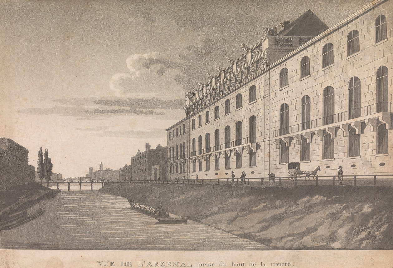 Utsikt over L'Arsenal stiger fra toppen av elven; side 10 (bind 1) av Unknown artist