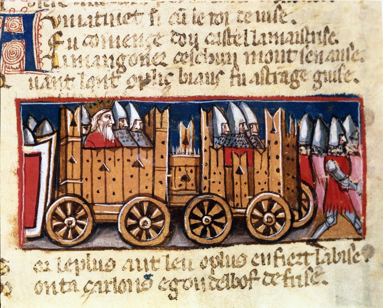 Krigsmaskiner, forløperen til våpentanken, brukt av Charlemagne mot maurerne i Spania - i "Entrance of Spain", manuskript fra 1300-tallet. Biblioteca Marciana, Venezia. av Unknown artist