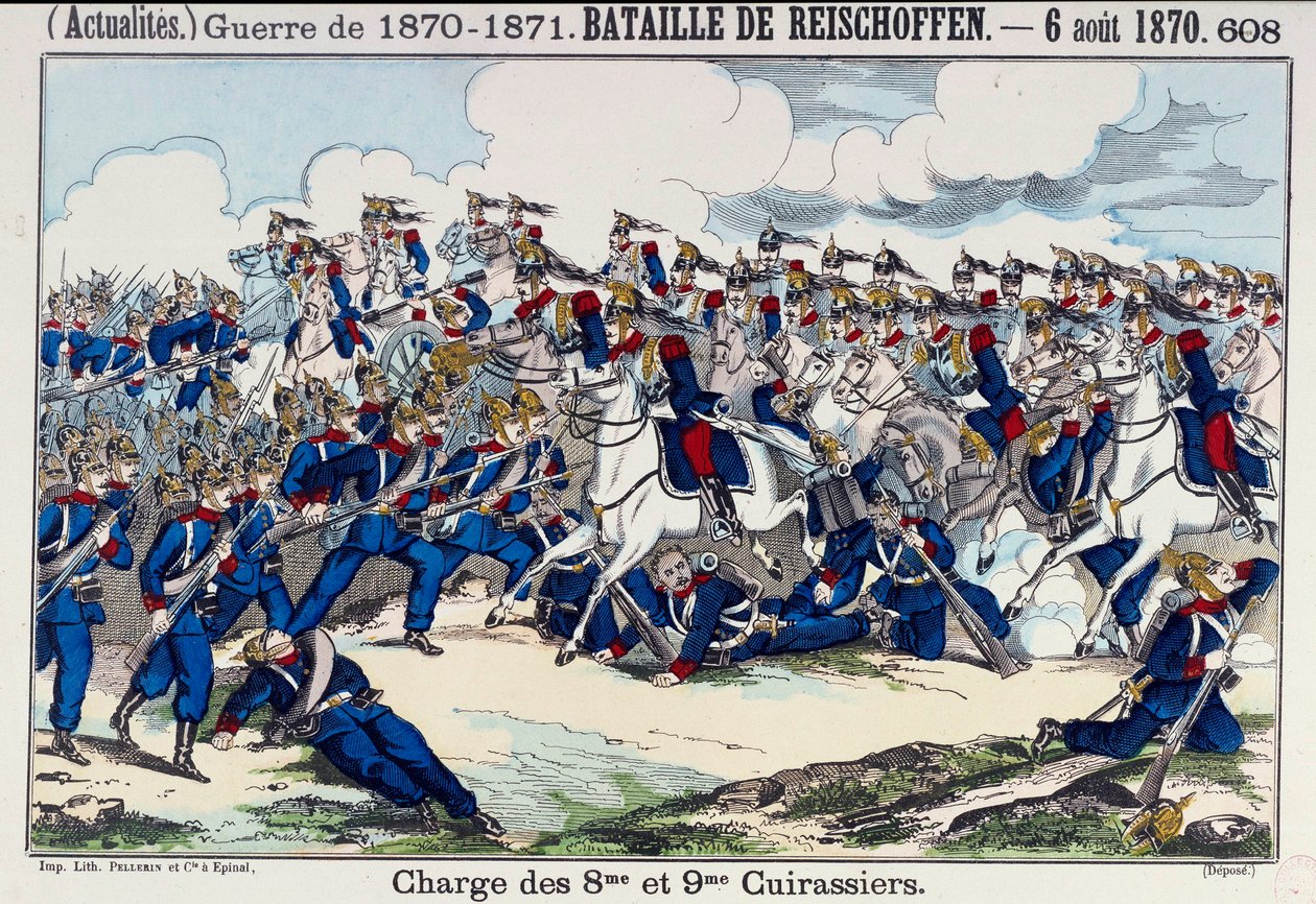Krigen 1870-1871: utsikt over slaget ved Froeschwiller (eller Reischoffen) og anklagen om slagskipene, 6/08/1870 (gjenoppliving av Woerth). Gravering av 1800-tallet. Paris, B.N. av Unknown artist