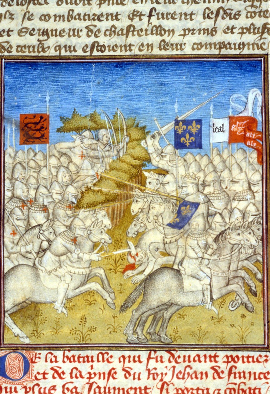 Hundreårskrigen: Slaget ved Poitiers - i "" Grandes Chronicles de Saint-Denis", slutten av 1300-tallet (ref. 512, 392v) av Unknown artist