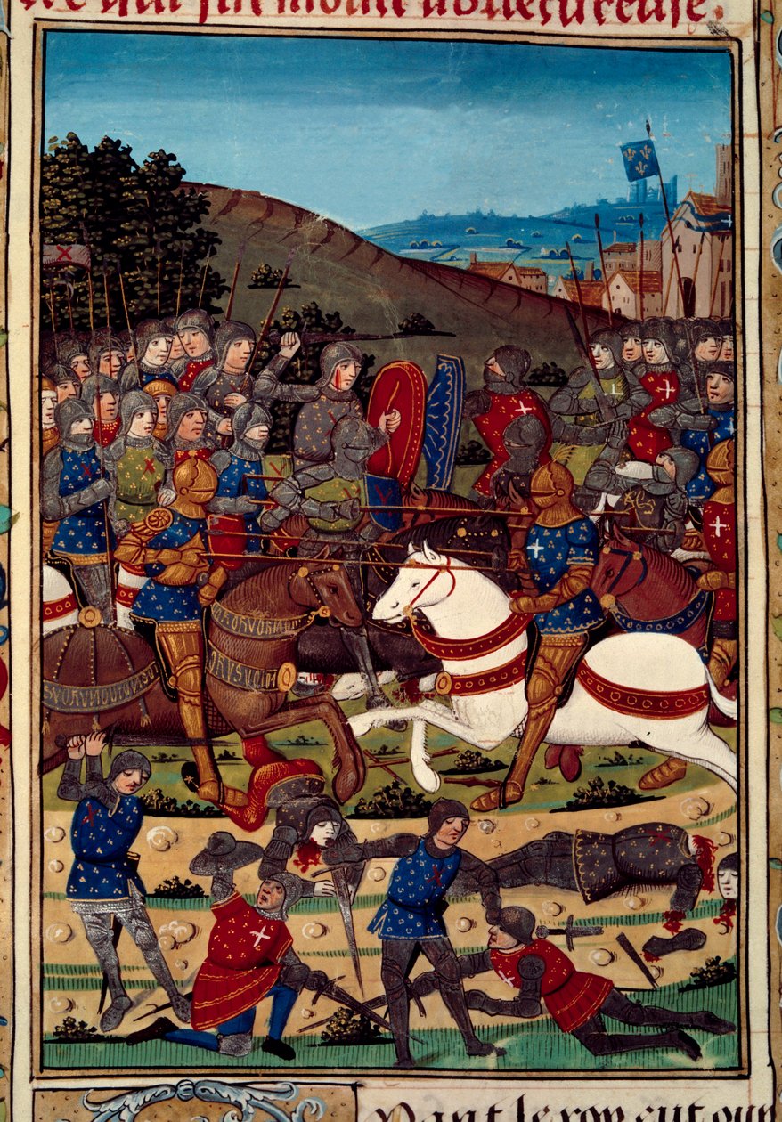 War of the League of Public Good (eller adelsopprør): slaget ved Montlhery 16.07.1465 mellom Louis XI (1423-1483) og Charles, greve av Charolais (fremtidige Charles the Temeraire) (1433-1477). Miniatyr belyst fra manuskriptet "" Vigiles du r av Unknown artist