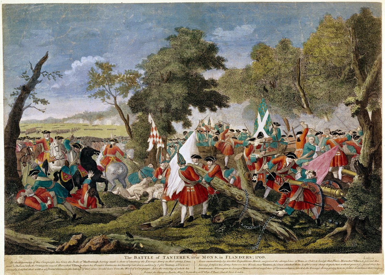 Krigen om den spanske arvefølgen (1701-1714): utsikt over slaget ved Malplaquet nær Mons på den fransk-belgiske grensen 11/09/1709 mot franske og spanske tropper til en engelsk, nederlandsk og østerriksk koalisjon - Trykk av 1709 - BN Paris av Unknown artist