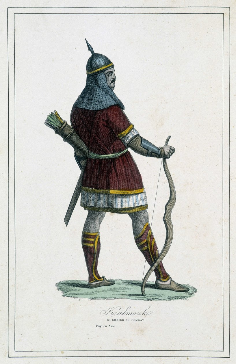 Warrior Kalmouk (mongolske folk i Sør-Sibir) - i "" Jordens forskjellige folk"" av Abbé P. Jouhanneaud, Library of Good Books, Limoges av Unknown artist