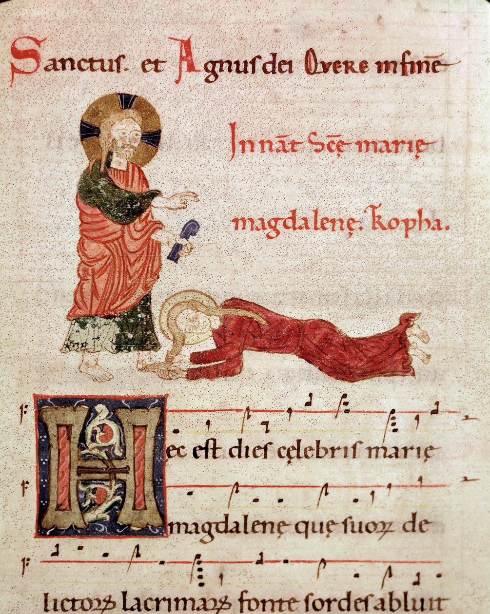 Vasking av føtter: Maria Magdalena lener seg på Kristi føtter Miniatyr fra en gradvis antifonær (tropair) (ms. 65) Piacenza fra 1100-tallet, Biblioteca Capitolare av Unknown artist