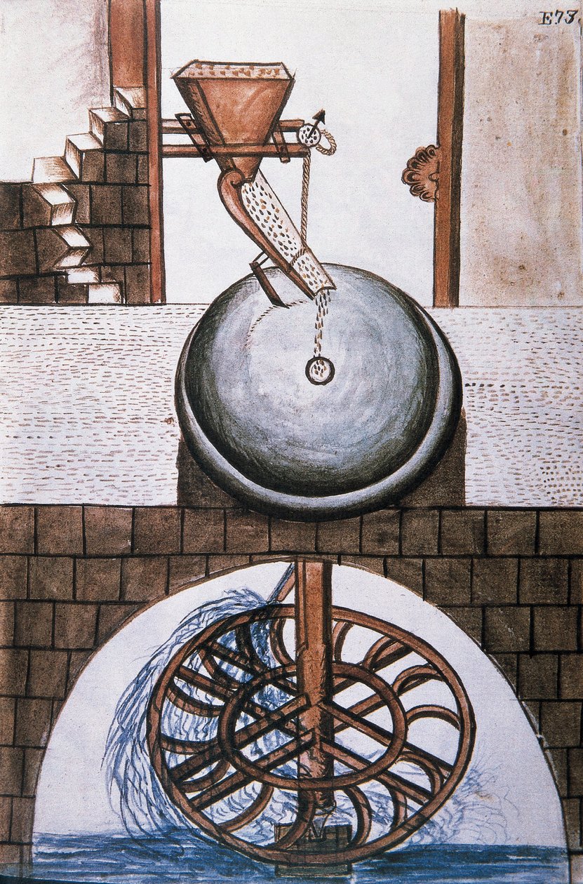 Vannmølle, fra boken "Trujillo of Peru" eller "Codex Martinez Companion", av Baltazar Martinez Companion og Bujanda, biskop av Trujillo (1782-1785) av Unknown artist