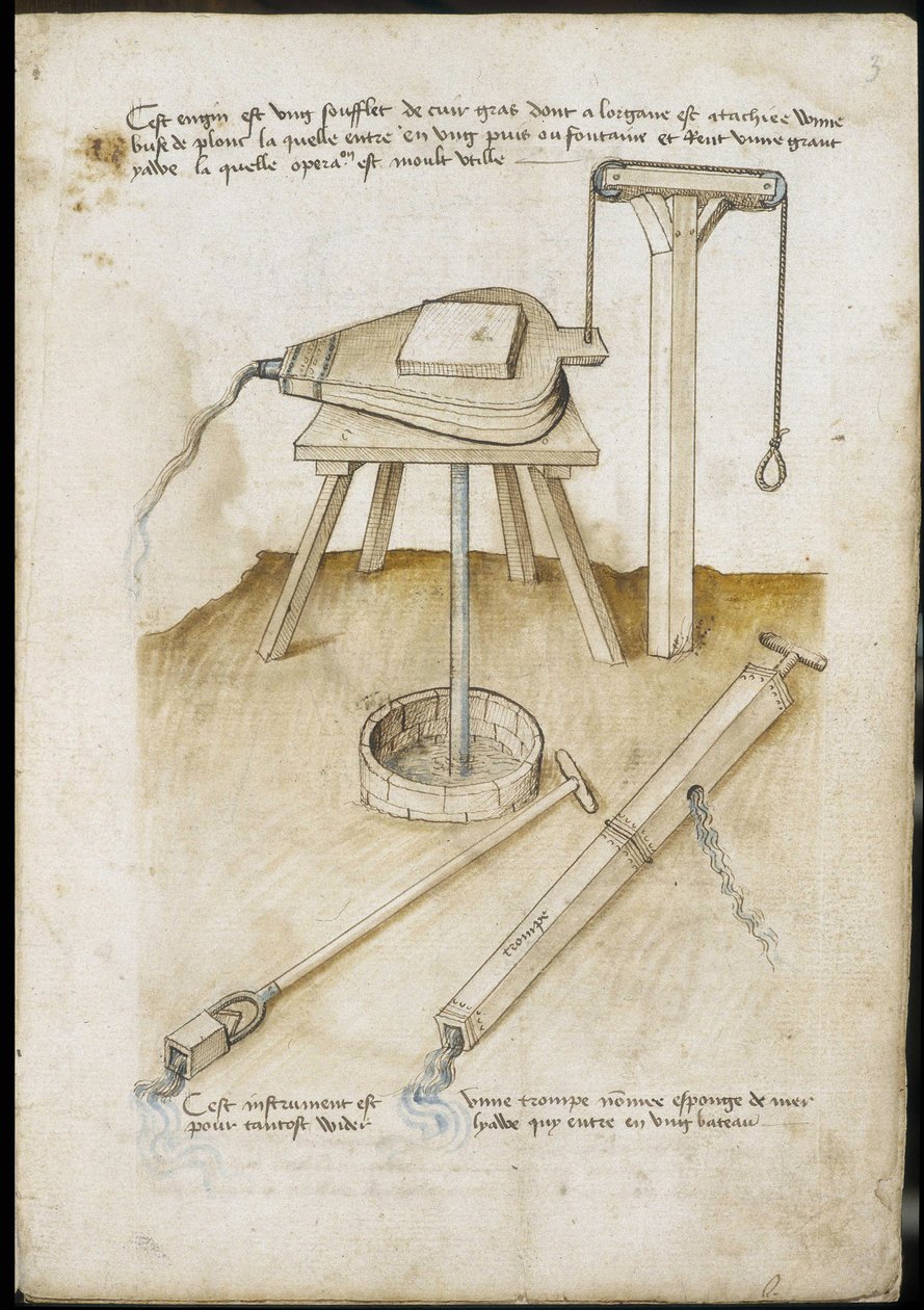 Vannpumpeinstrumenter - Manuskript: pergamentark av en ingeniørhåndbok for bygging av sivile, religiøse og militære bygninger, anonymt, sent på 1400-tallet (figur med kinesisk blekk) av Unknown artist