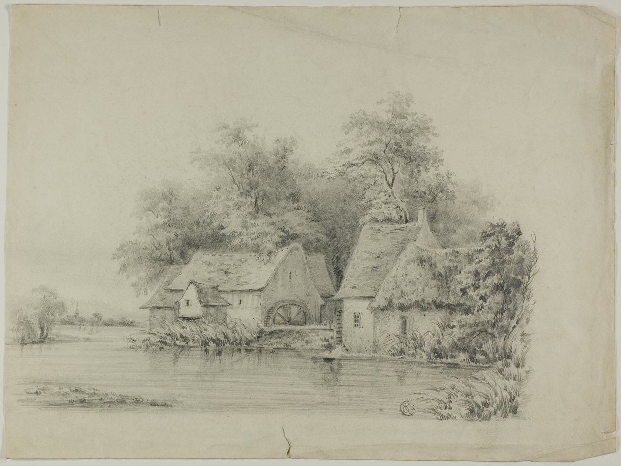 Vannmølle og hytte med stråtak av Unknown artist