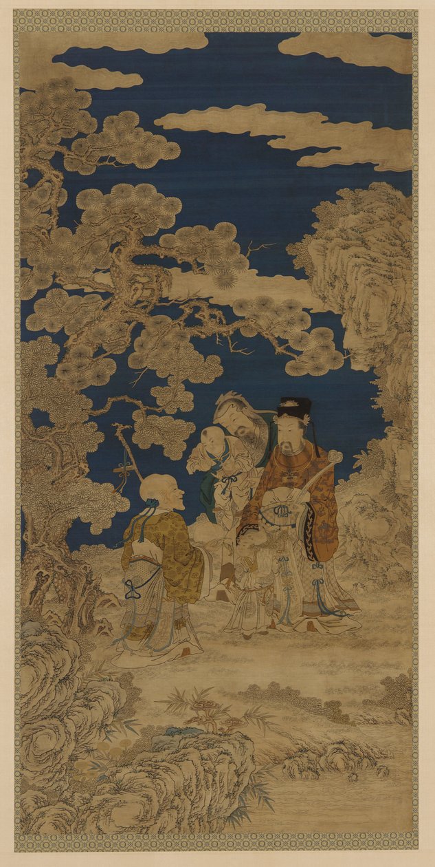 Innslagsvevd billedvev (kesi): Three Star Gods and Joy Personifisert som to barn av Unknown artist