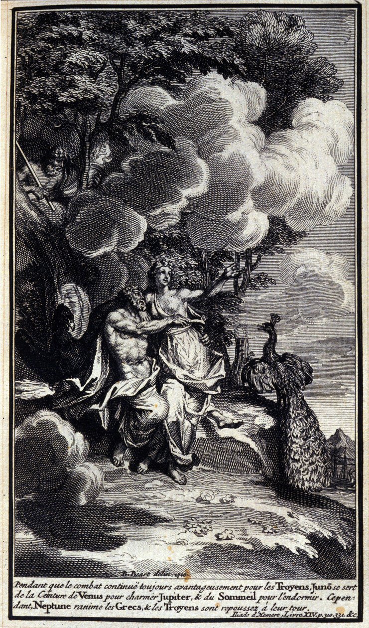 Mens kampen fortsetter å være fordelaktig for trojanerne, bruker Junon Venus sitt belte for å sjarmere Jupiter, og søvn for å få ham til å sove. Imidlertid gjenoppliver Neptun grekerne og trojanerne blir avvist. Illustrasjon av bok XIV av Iliaden av Homere av Unknown artist