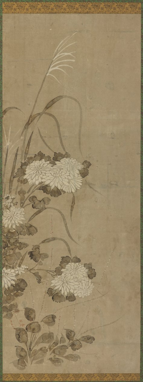 Hvite krysantemum og gress av Unknown artist
