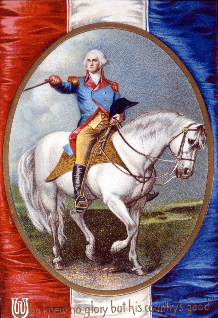 Som ikke kjente noen ære enn landets gode: George Washington (1732 - 1799) ridende i medaljong på baksiden av det franske flagget. kromolitografi fra 1800-tallet. av Unknown artist
