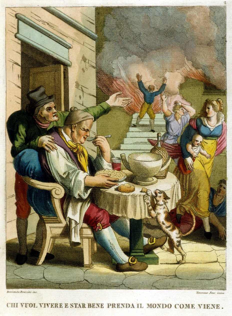 "Den som vil nyte livet og leve godt, må ta verden som den kommer." Samling av ordtak, gravering fra slutten av 1700-tallet av Unknown artist