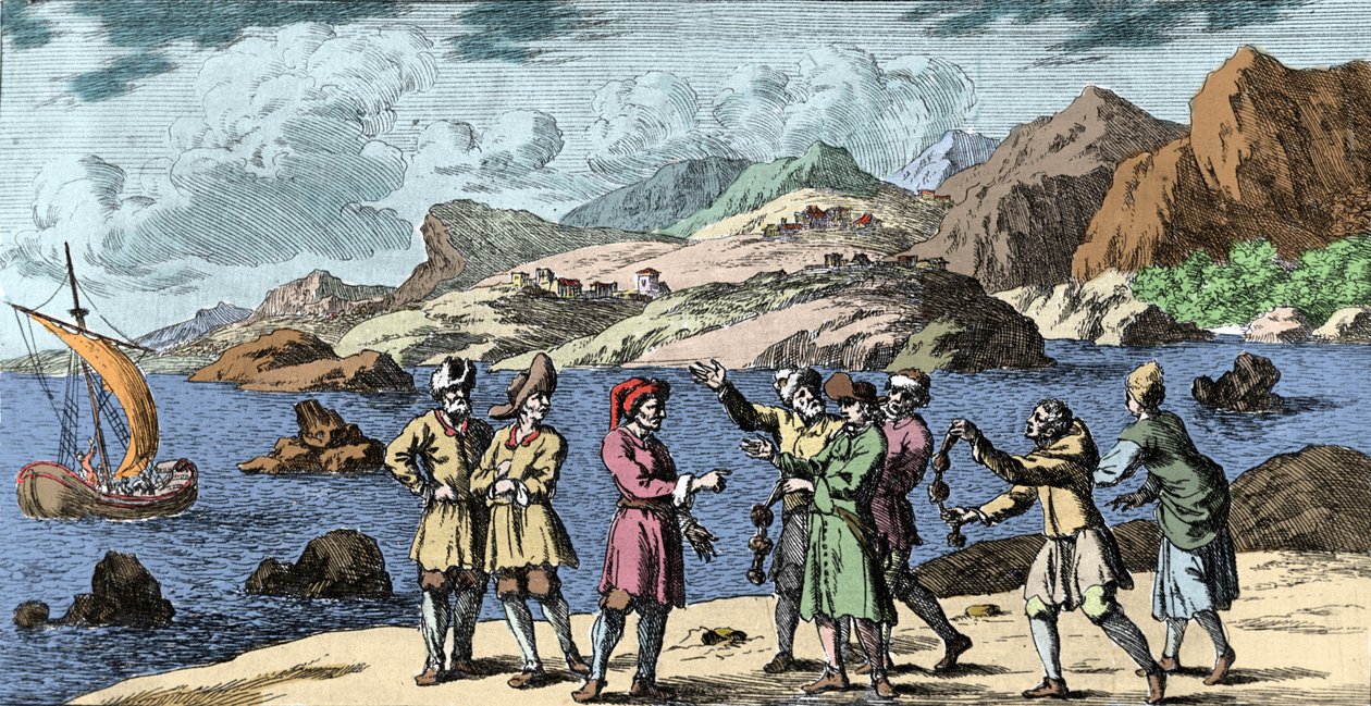 Hekseri og tro: finske og samer som provoserer en storm ved magien til tre knop. Gravering fra "Mundi Mirabilis Oeconomia" av Johann Zahn (1631-1707) av Unknown artist