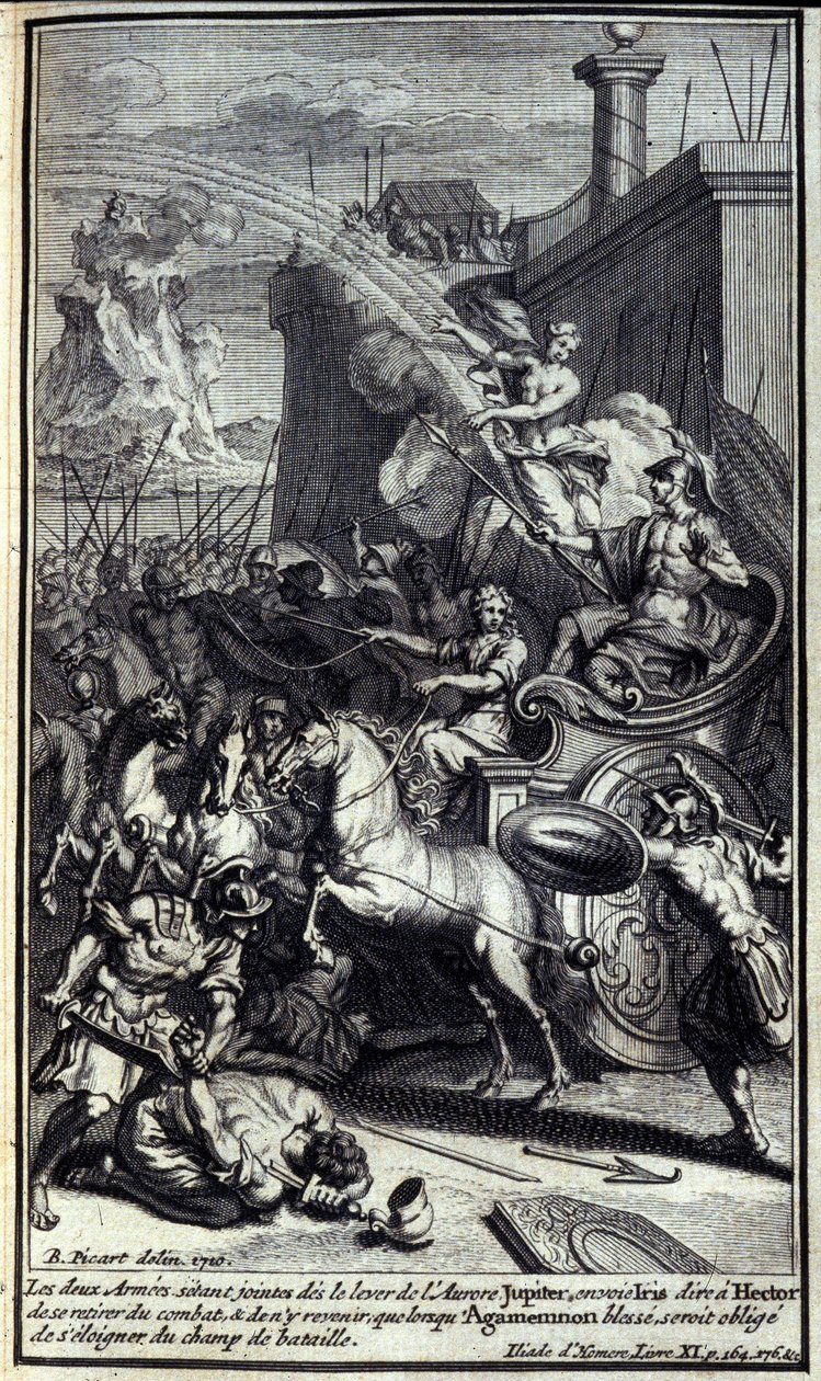 Da de to hærene sluttet seg til morgengryets fremvekst, sendte Jupiter Iris for å fortelle Hector om å trekke seg fra slaget og å returnere bare når Agamemnon har det vondt, ville bli tvunget til å bevege seg bort fra slagmarken. Illustrasjon av bok XI av  av Unknown artist