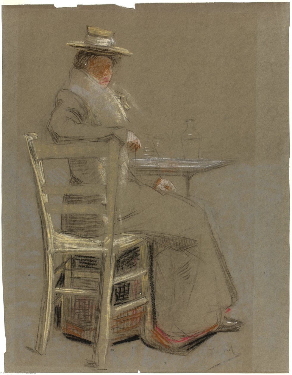 Kvinne sitter ved et bord av Unknown artist