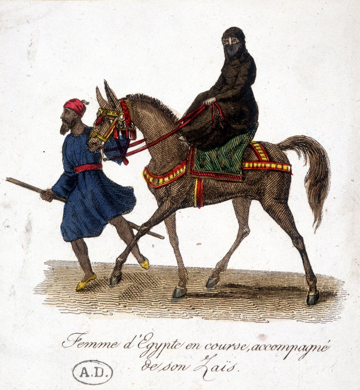 Kvinne fra Egypt løper, ledsaget av hennes zaïs - gravering, deb. 1800-tallet av Unknown artist