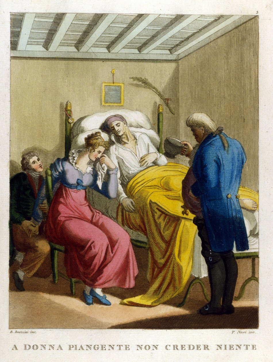 «Kvinnens tårer, ondskapens kilde. Se en kvinne som gråter." Gravering fra 1700-tallet som illustrerer en rekke ordtak. av Unknown artist