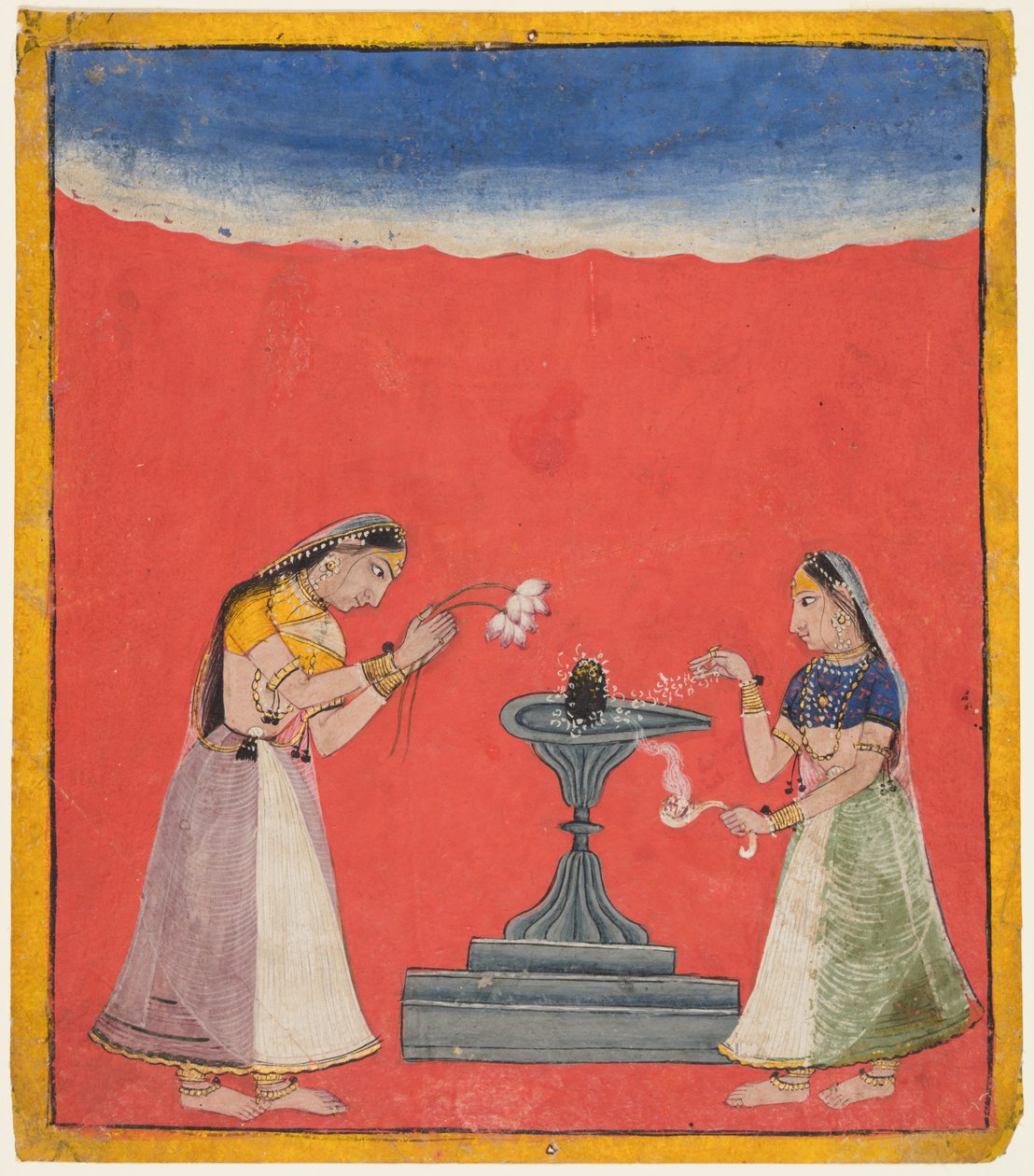 Kvinner som tilber en Shiva Linga: Devagandhari Ragini fra Hindol, fra en Chamba Ragamala av Unknown artist