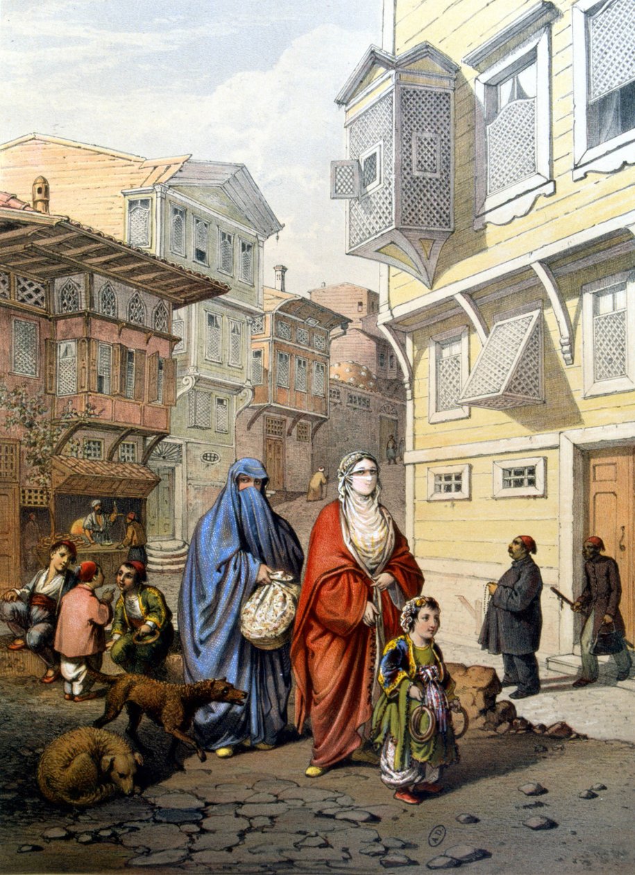 Kvinner tilslørt i en gate i Konstantinopel - gravering av Unknown artist