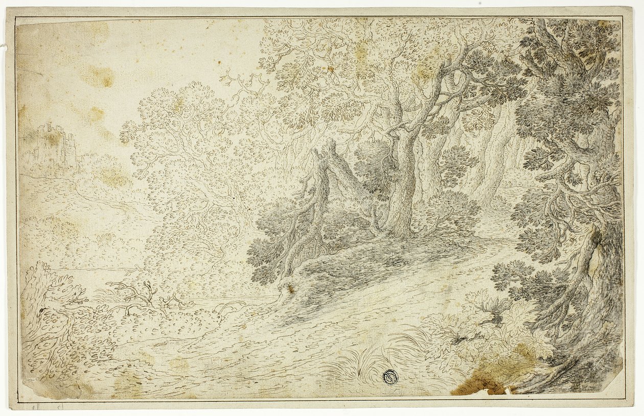 Skogkledd elvelandskap med utsikt over slottet av Unknown artist