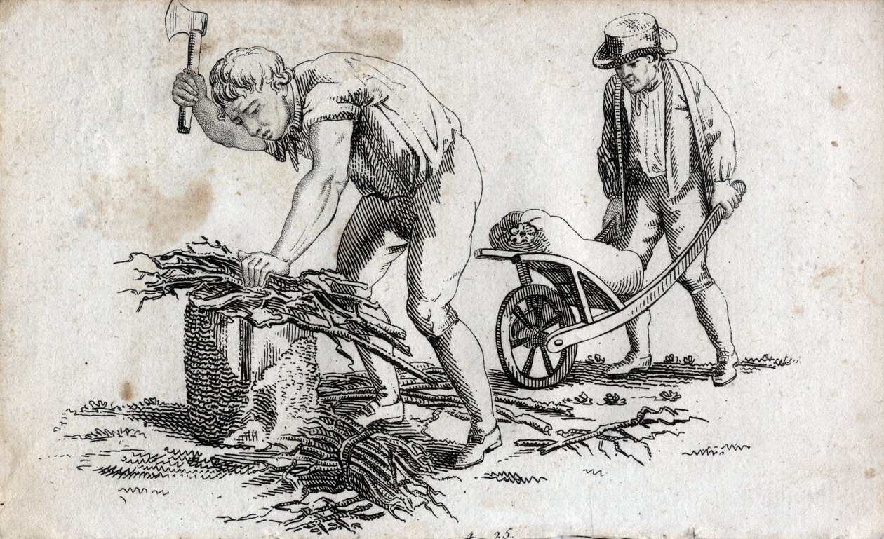 Tremenn lager bunter av ved og mann som bærer bunter på en trillebår. Sluttgravering av 1700-tallet. Privat samling. av Unknown artist