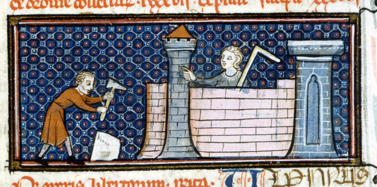 Arbeidere som bygger et befestet kloster, miniatyr fra midten av 1200-tallet. Biblioteca Trivulziana. av Unknown artist