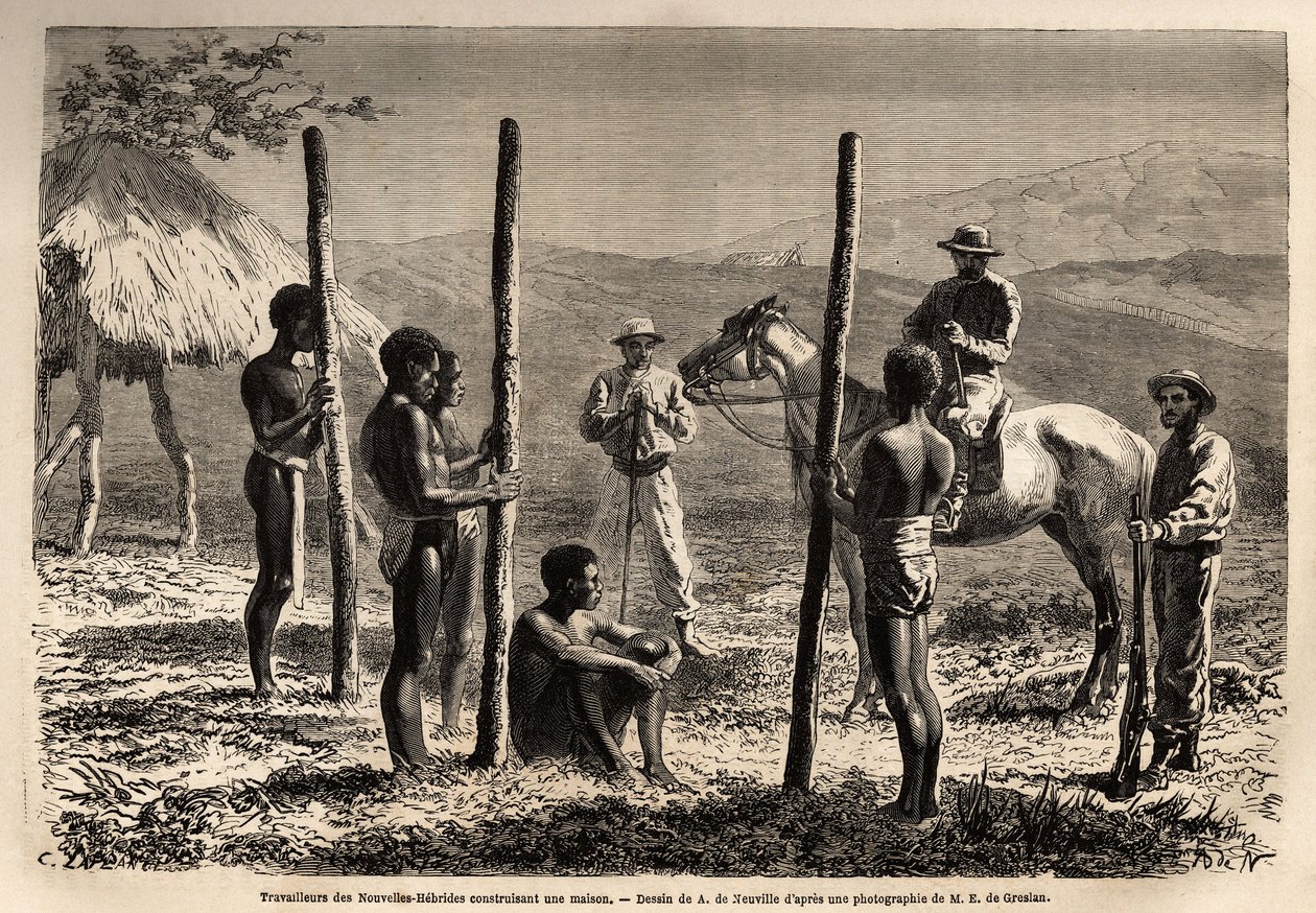 Arbeidere fra de nye Hebridene (eller siden 1980, republikken Vanuatu, en melanesisk øygruppe i det nordlige Ny-Caledonia), bygger et hus som forfatteren møter under en ekskursjon på hesteryggen. Engravure pour illustrrer le voyage à la Nouvelle Caledonie, av Unknown artist