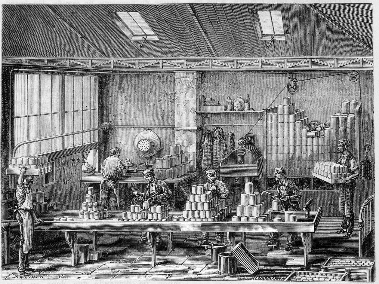 Verksted for fylling og lodding av bokser - i "" The wonders of the industry"" av Louis Figuier av Unknown artist