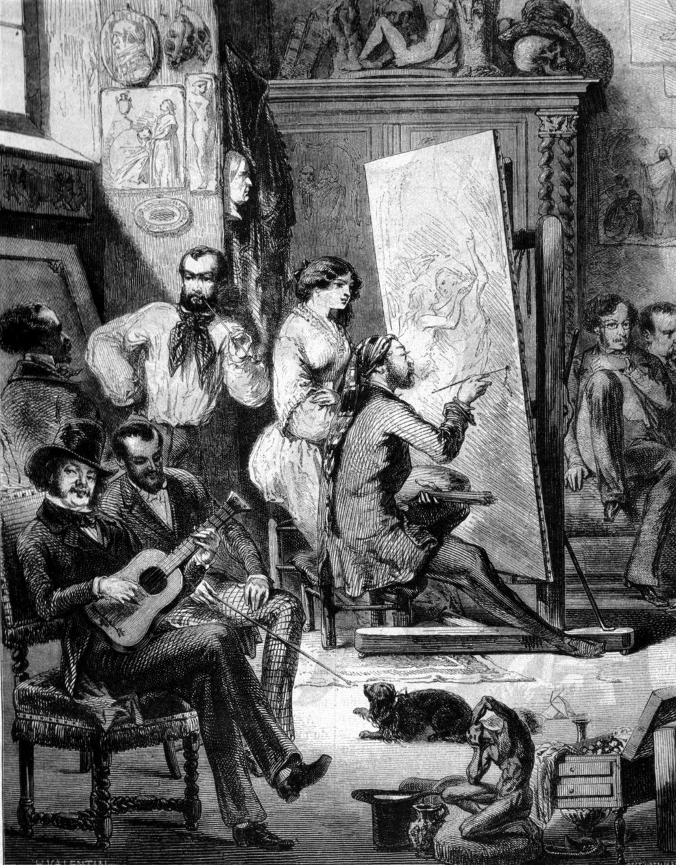 Verksted for en maler på 1800-tallet. Noen spiller musikk, andre røyker mens maleren tegner. Gravering av 1800-tallet av Unknown artist